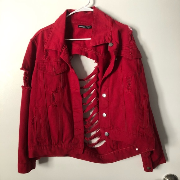 Red Distressed Denim Jacket - Picture 1 of 3